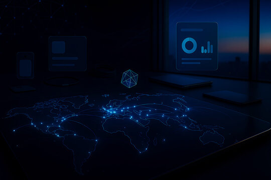 Digital world map with a glowing global business network