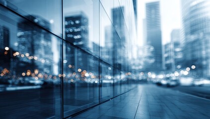 Blurry city street view reflected in modern glass