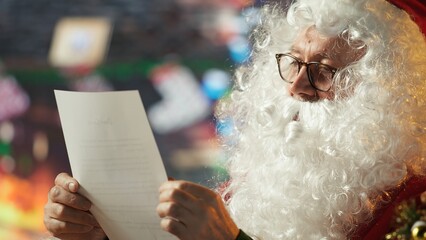Old man Santa reading the naughty or nice list to prepare for the journey on Christmas eve,...