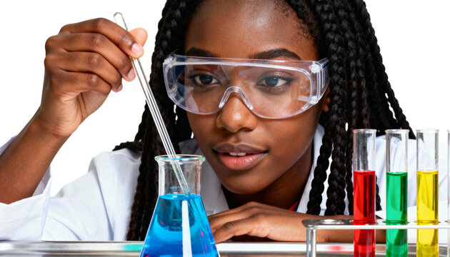 Young scientist in safety goggles performing a colorful experiment in a lab., transparent background png