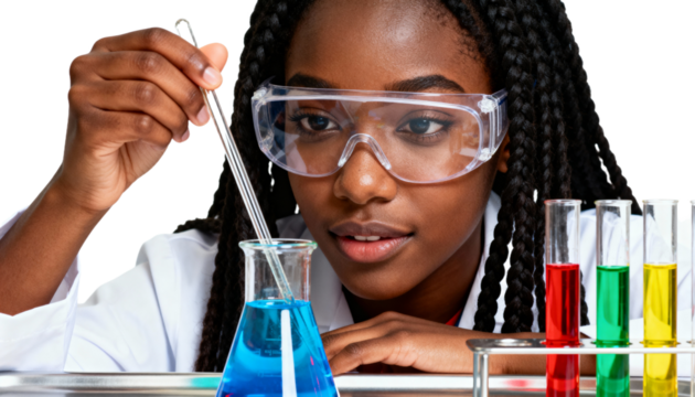 Young scientist in safety goggles performing a colorful experiment in a lab., transparent background png