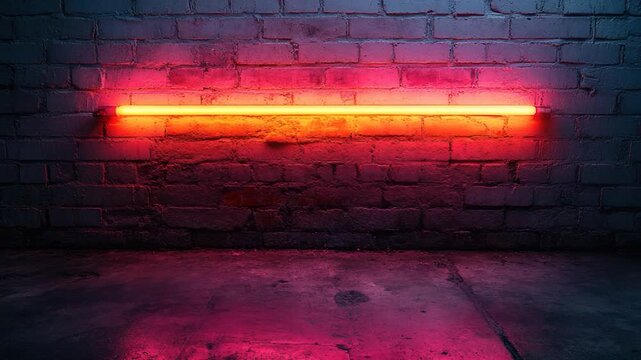 A bright neon sign illuminates the darkness of a brick walled room, providing a pop of color in an otherwise dim space