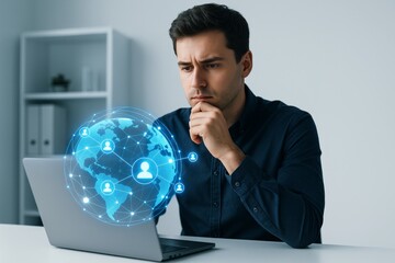 Thoughtful man working on laptop with holographic global network of connected people icons concept in modern office environment. Ai generative. Ai generative