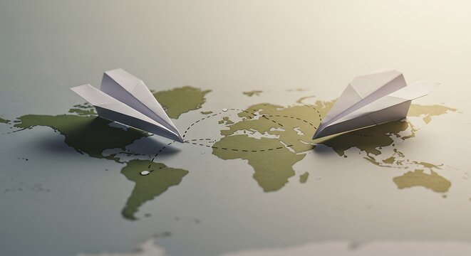 Global connection represented by paper airplanes on world map symbolizes worldwide communication and international business - Powered by Adobe