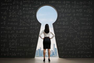 Businesswoman facing large keyhole shape through chalkboard with mathematical formulas, revealing city skyline symbolizing breakthrough and innovation. Ai generative