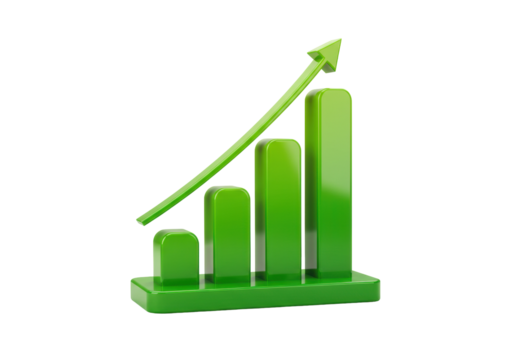 Green bar graph with arrow isolated PNG, business growth and financial success concept on transparent background