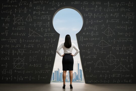 Businesswoman facing large keyhole shape through chalkboard with mathematical formulas, revealing city skyline symbolizing breakthrough and innovation. Ai generative - Powered by Adobe