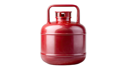 A High Resolution Studio Photo of a Red Gas Canister with a Black Transparent Background and a Metal Handle on Top of the Container