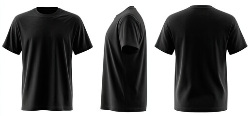 Three-view black t-shirt mockup