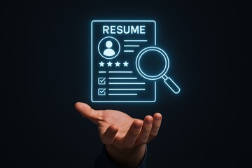 Glowing digital resume icon with magnifying glass hovering above open hand on dark background, symbolizing job search and recruitment process success. Ai generative
