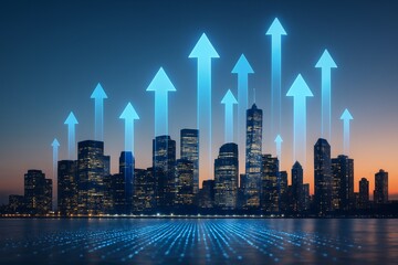 Futuristic city skyline with glowing blue arrows symbolizing economic growth and digital progress above buildings at sunset on water background. Ai generative