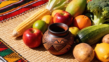A variety of fresh fruits and vegetables arranged on a woven mat. Includes apples, oranges, cucumbers, corn, and a decorative clay pot.
