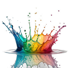 A vibrant splash of multicolor liquid frozen in mid-air, creating an abstract crown shape with reflections