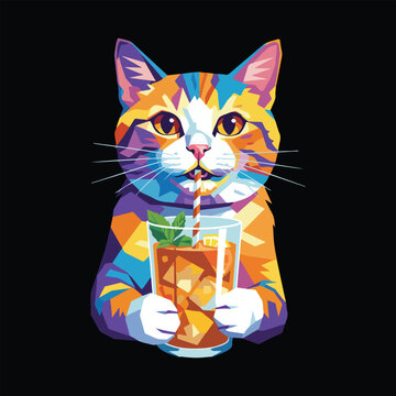 Colorful Pop Art Cat Enjoying Iced Tea