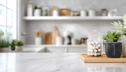 Modern kitchen countertop with decorative items