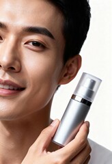 A young Asian man with dark hair smiles while holding a silver skincare bottle. The background is neutral, emphasizing the product and his features.