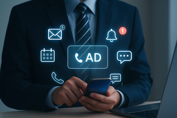 Online Advertising and Digital Marketing Icons with a Businessman Using a Smartphone