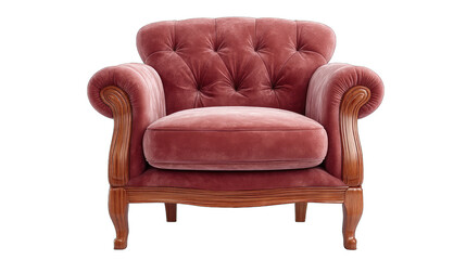 A plush velvet armchair with ornate carved wooden legs and a tufted seat and back in a rich rose color shown against a transparent background