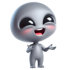Cute gray alien character laughing in 3D render isolated on white background