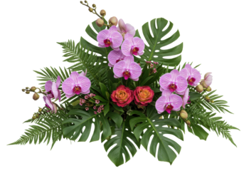 Elegant floral arrangement with pink orchids and roses isolated, tropical flower bouquet for wedding decor and special occasions