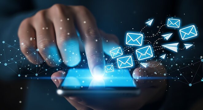 Hand interacting with smartphone sending digital messages and network