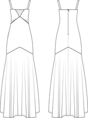 sleeveless strappy strapped sweetheart neck gathered flared zippered long maxi a line dress gown template technical drawing flat sketch cad mockup fashion woman design style model 

