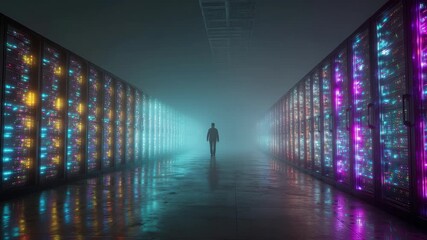 Man walks through futuristic server room with glowing data racks creating a digital pathway, 4k high quality - Powered by Adobe