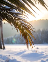 Snowy palm frond at sunset