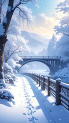Snowy path, bridge, mountains