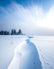 Snowy path winds through a winter landscape