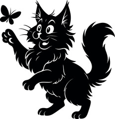 Maine Coon cat chasing flying butterfly 