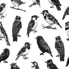 Fototapeta premium Seamless bird pattern in vintage etching style. Features woodpeckers and crows in various poses. Ideal for nature design, textile prints, wallpaper, packaging, and educational materials.