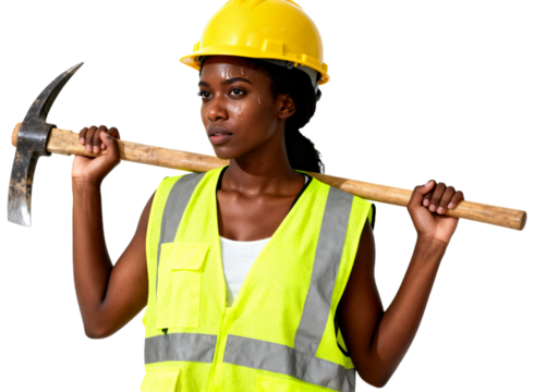 Hardworking woman in safety gear, holding a pickaxe, showing effort and determination., transparent background png