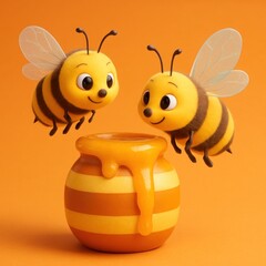 Obraz premium Two cartoon bees hover near a honey pot