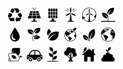 Set of black silhouette icons for ecology and environment.