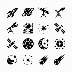 Solid black space and astronomy icon set on white background.