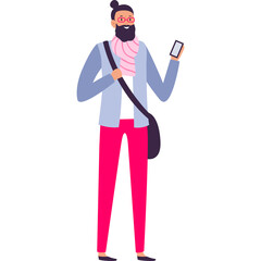 Pixelated illustration of a man with a pink scarf and glasses holding a smartphone and a messenger bag