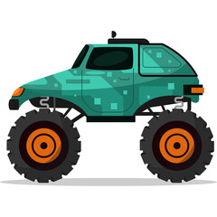 Pixel Art Teal Monster Truck With Large Orange Wheels and Black Tires in Side Profile Against a White Background