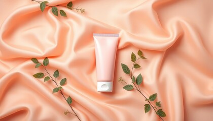 Elegant beauty product tube presentation on flowing apricot-colored fabric with fresh foliage accents for skincare marketing