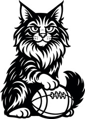 Maine Coon cat is sitting and holding a foot ball