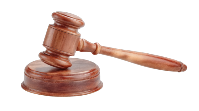 A Close Up Studio Shot Of A Traditional Wooden Judges Gavel And Sounding Block Resting On A Transparent Background Representing Justice Authority And Law