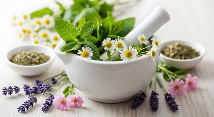 Mortar with healing herbs and pestle on white wooden table, flat lay.