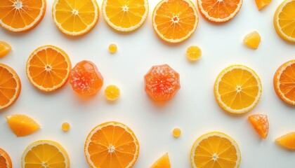 Citrus Slices and Candied Fruit A Bright and Colorful Array of Refreshing and Sweet Treats on a Clean White Background