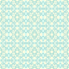 A seamless pixelated geometric pattern in pale yellow and light blue, resembling a cross-stitch or woven textile design.