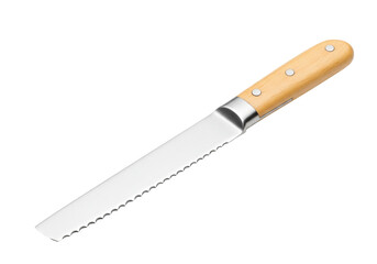 Bread knife with serrated blade and wooden handle isolated on white, kitchen utensil for slicing bread and baked goods