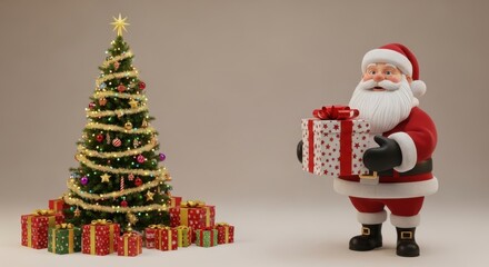 Fototapeta premium Santa claus with gift box near christmas tree with star, lights and ornaments.
