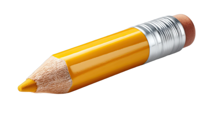 A crisp yellow pencil with a pink eraser and silver ferrule isolated on a black background with a pointed tip and wooden texture suitable for graphic design and stationery concepts