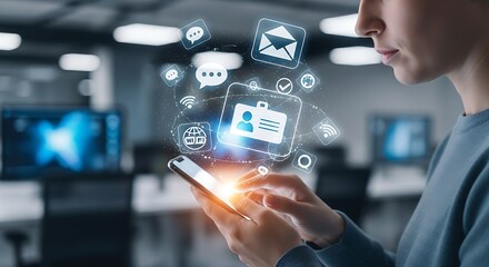 Person using a smartphone with a glowing network of digital communication icons