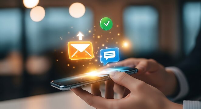 Hands holding smartphone with glowing email and message icons