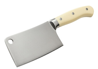 Meat cleaver isolated on white, stainless steel butcher knife with ivory handle for professional cooking and food preparation
